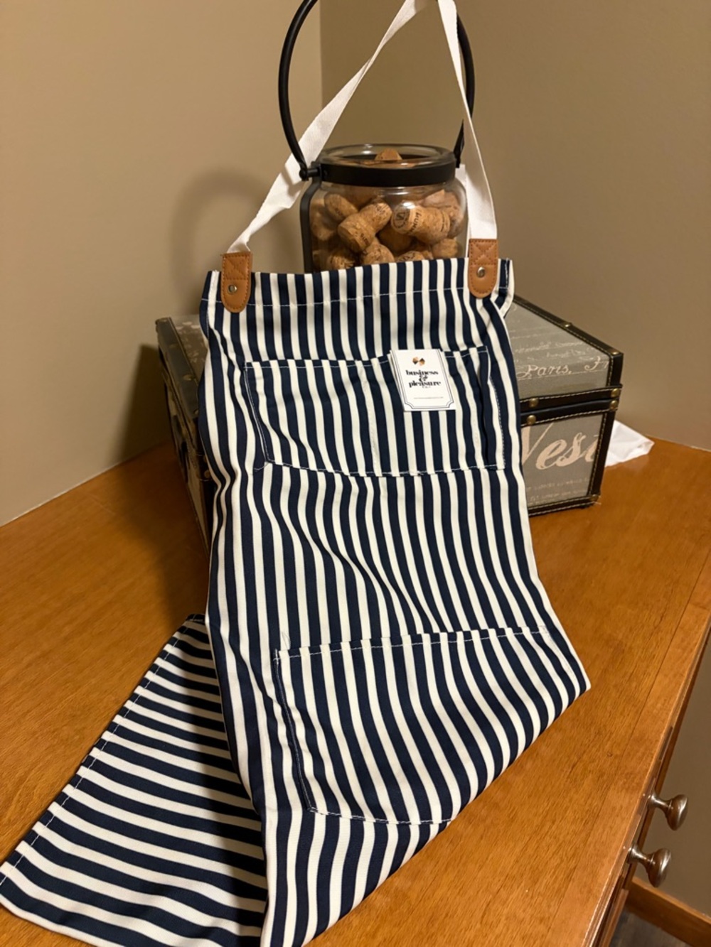 Navy and White Striped Apron with 3 Front Pockets